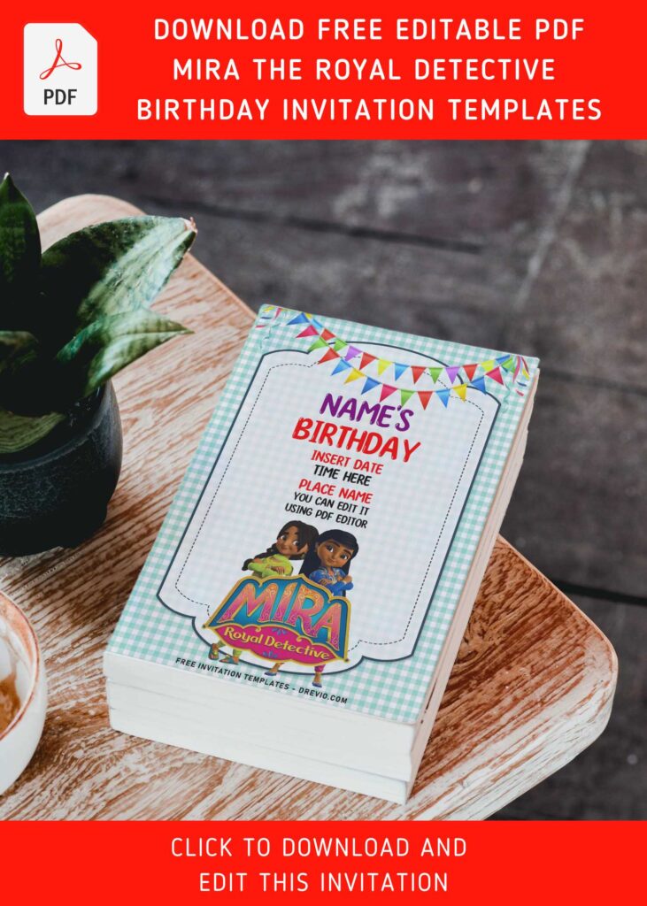 (Free Editable PDF) Curious Mira The Royal Detective Birthday Invitation Templates with Queen Shanti