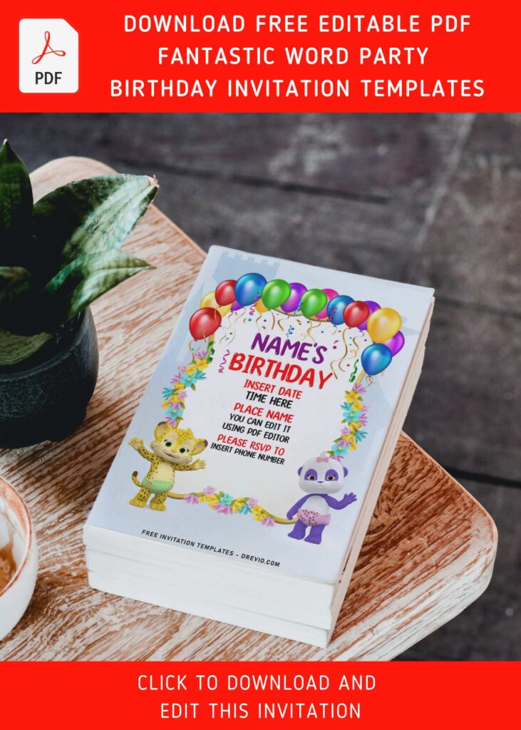 (Free Editab(Free Editable PDF) Cheerful Word Party First Birthday Invitation Templates with le PDF) Cheerful Word Party First Birthday Invitation Templates with pink background