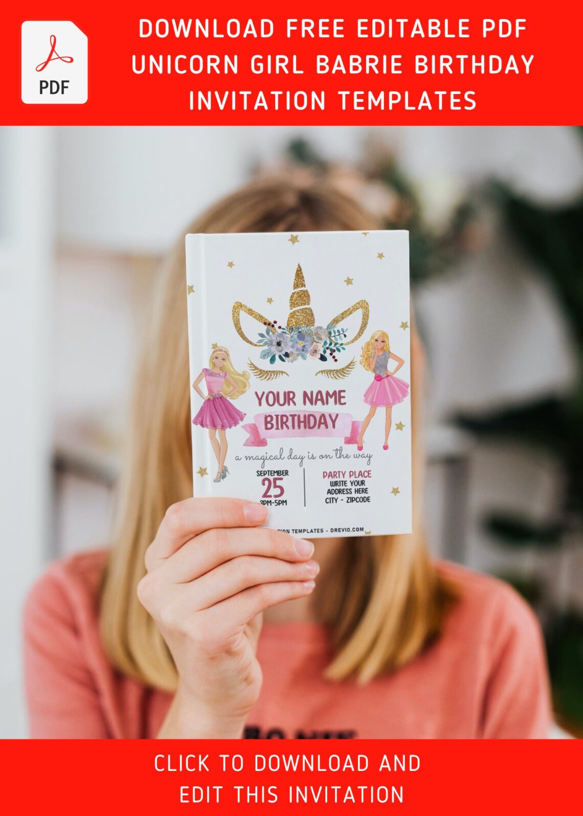 (Free Editable PDF) Sparkling Gold Unicorn Barbie Girl Birthday Invitation Templates