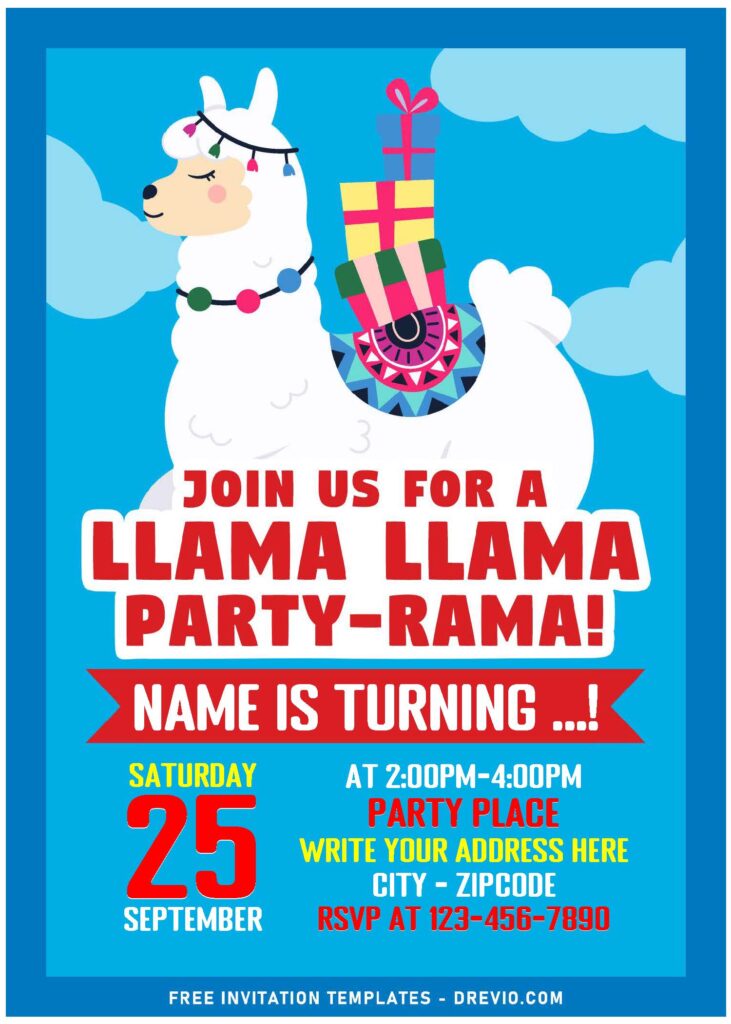 (Free Editable PDF) Lovely Llama Party-Rama Birthday Invitation Templates with adorable cartoon Llama
