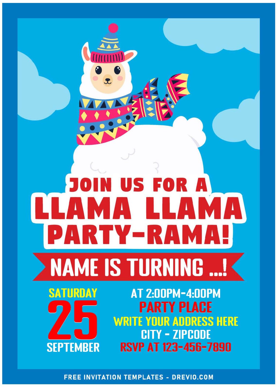 (Free Editable PDF) Lovely Llama Party-Rama Birthday Invitation Templates with cute Llama scarf