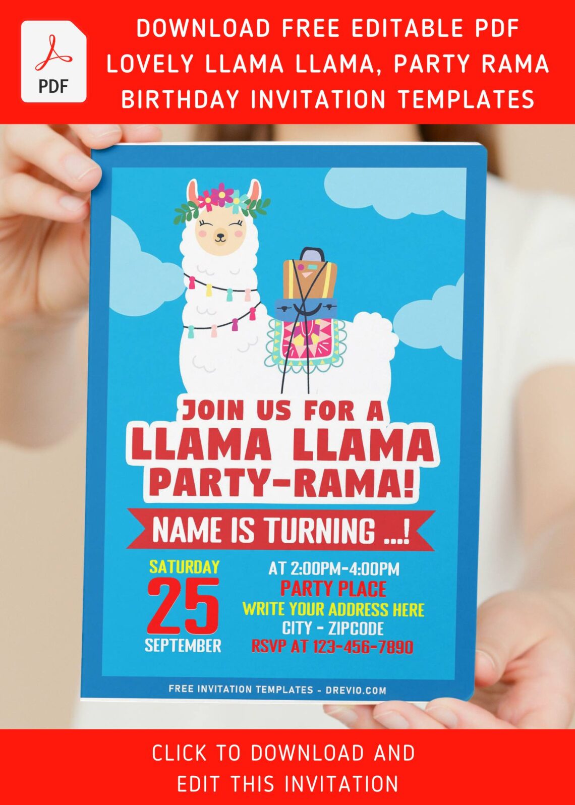 (Free Editable PDF) Lovely Llama Party-Rama Birthday Invitation Templates with editable text