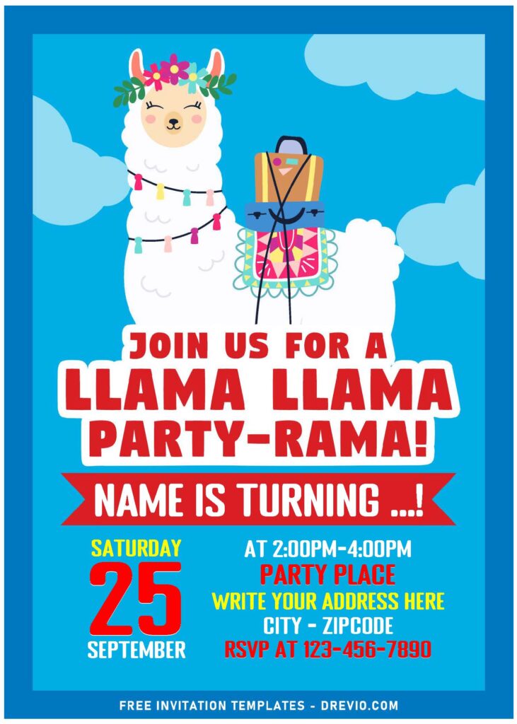 (Free Editable PDF) Lovely Llama Party-Rama Birthday Invitation Templates with bright blue sky background