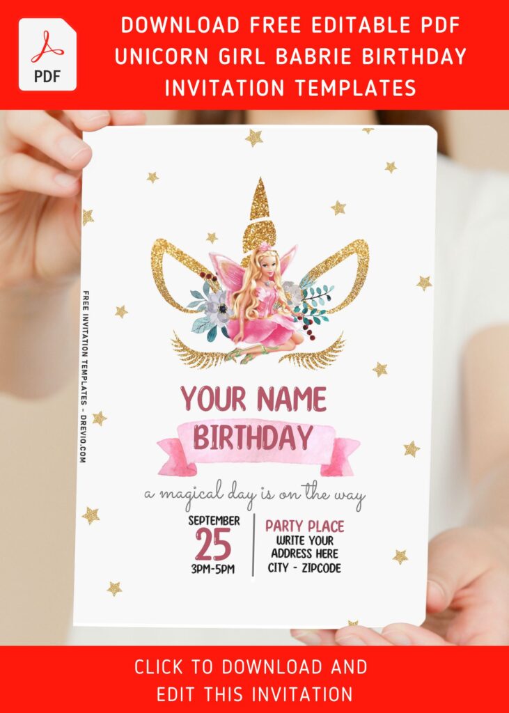 Invitation Template of (Free Editable PDF) Sparkling Gold Unicorn Barbie Girl Birthday Invitation Templates 6