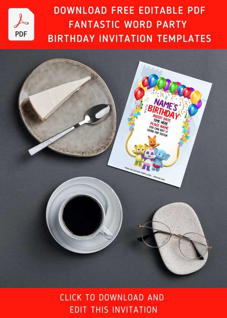 (Free Editable PDF) Cheerful Word Party First Birthday Invitation Templates with adorable Bailey