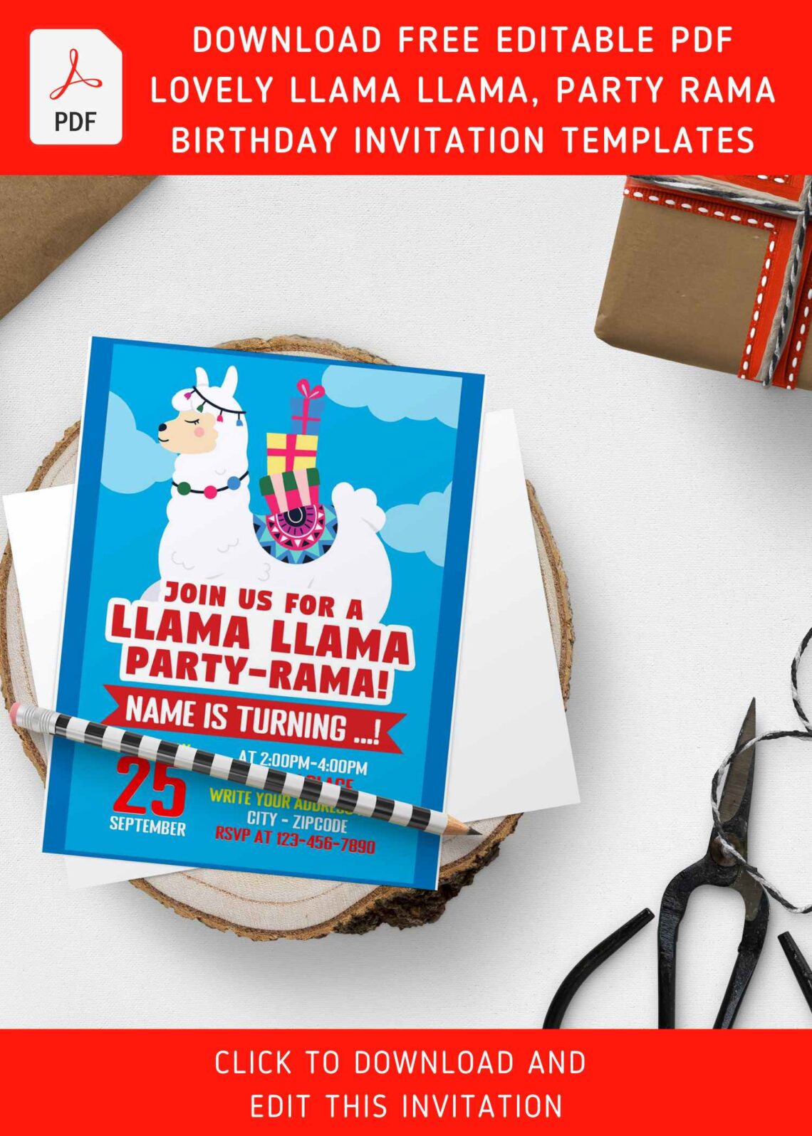 (Free Editable PDF) Lovely Llama Party-Rama Birthday Invitation Templates with fluffy clouds