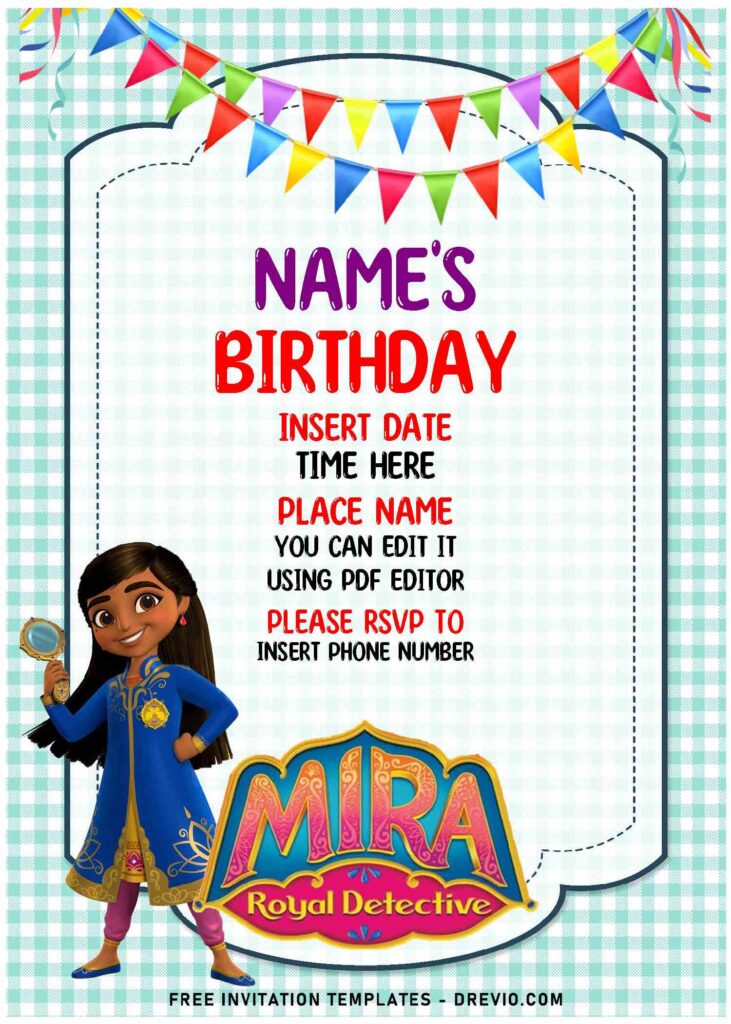 (Free Editable PDF) Curious Mira The Royal Detective Birthday Invitation Templates with soft toned background