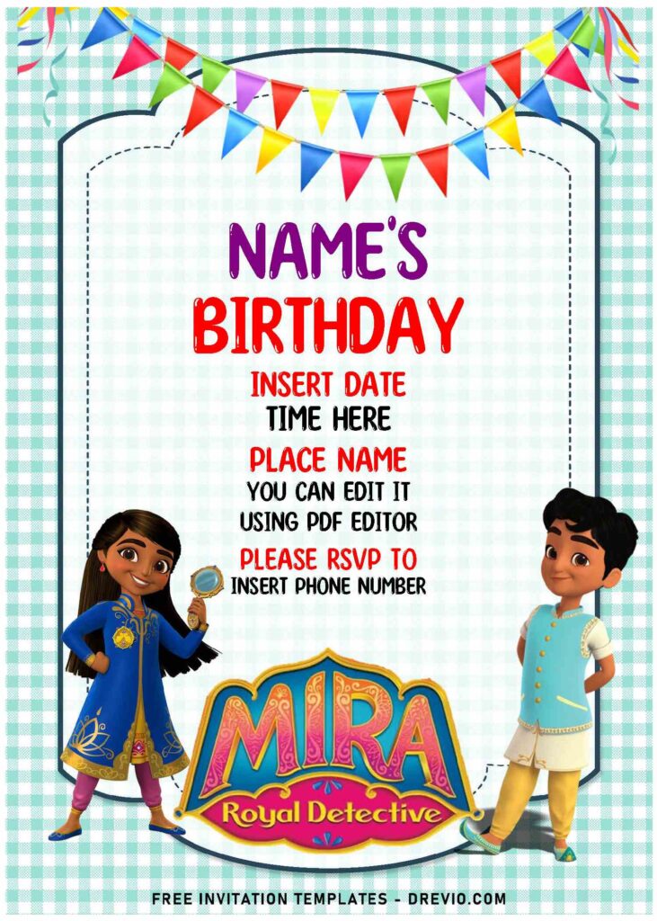 (Free Editable PDF) Curious Mira The Royal Detective Birthday Invitation Templates with hand drawn graphics