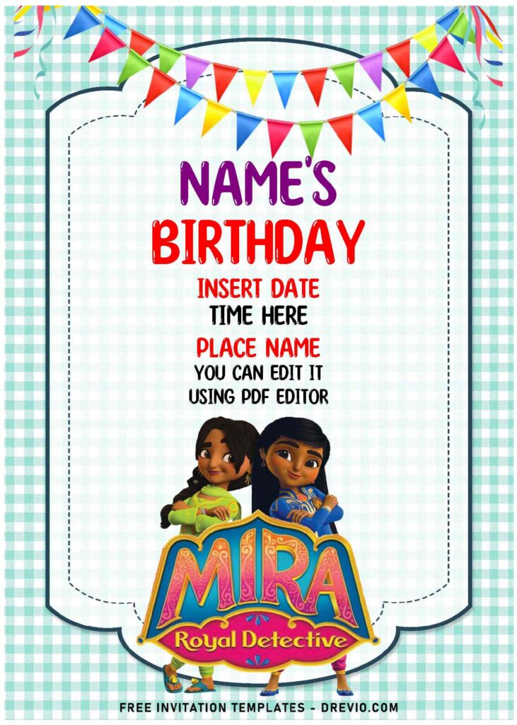 (Free Editable PDF) Curious Mira The Royal Detective Birthday Invitation Templates with beautiful gingham pattern