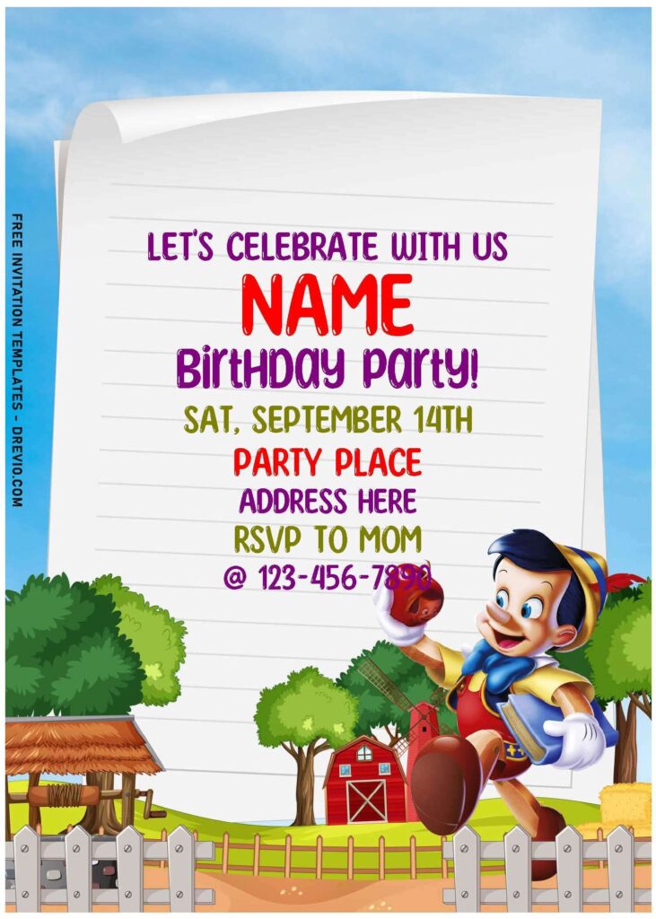 (Free Editable PDF) Barnyard Pinocchio Birthday Invitation Templates For All Ages with colorful text