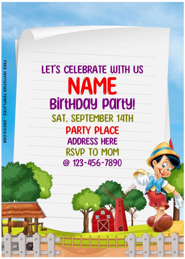 (Free Editable PDF) Barnyard Pinocchio Birthday Invitation Templates For All Ages with cartoon tree