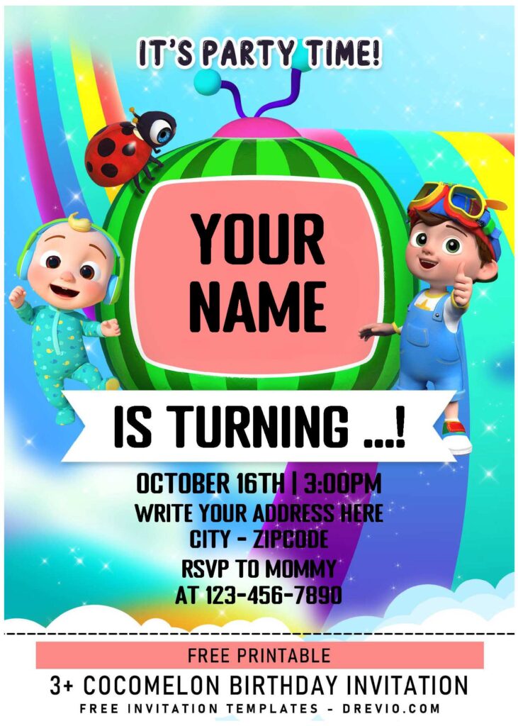 (Free Editable PDF) Magical Rainbow Cocomelon Family Birthday Invitation Templates with rainbow background