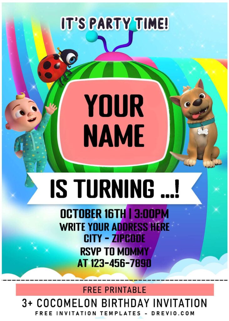 (Free Editable PDF) Magical Rainbow Cocomelon Family Birthday Invitation Templates with cute wording