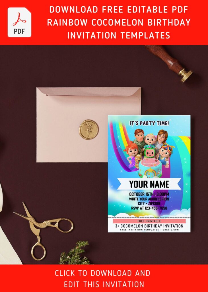 Invitation Template of (Free Editable PDF) Magical Rainbow Cocomelon Family Birthday Invitation Templates 5