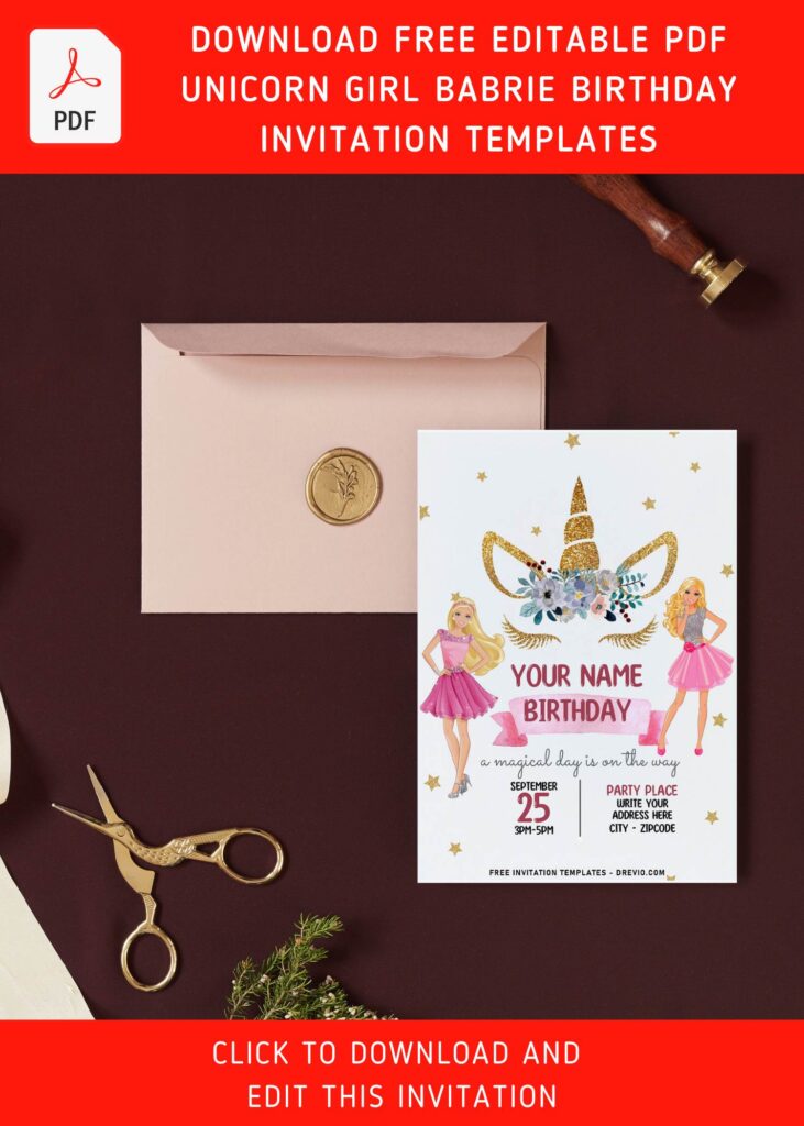 Invitation Template of (Free Editable PDF) Sparkling Gold Unicorn Barbie Girl Birthday Invitation Templates 4