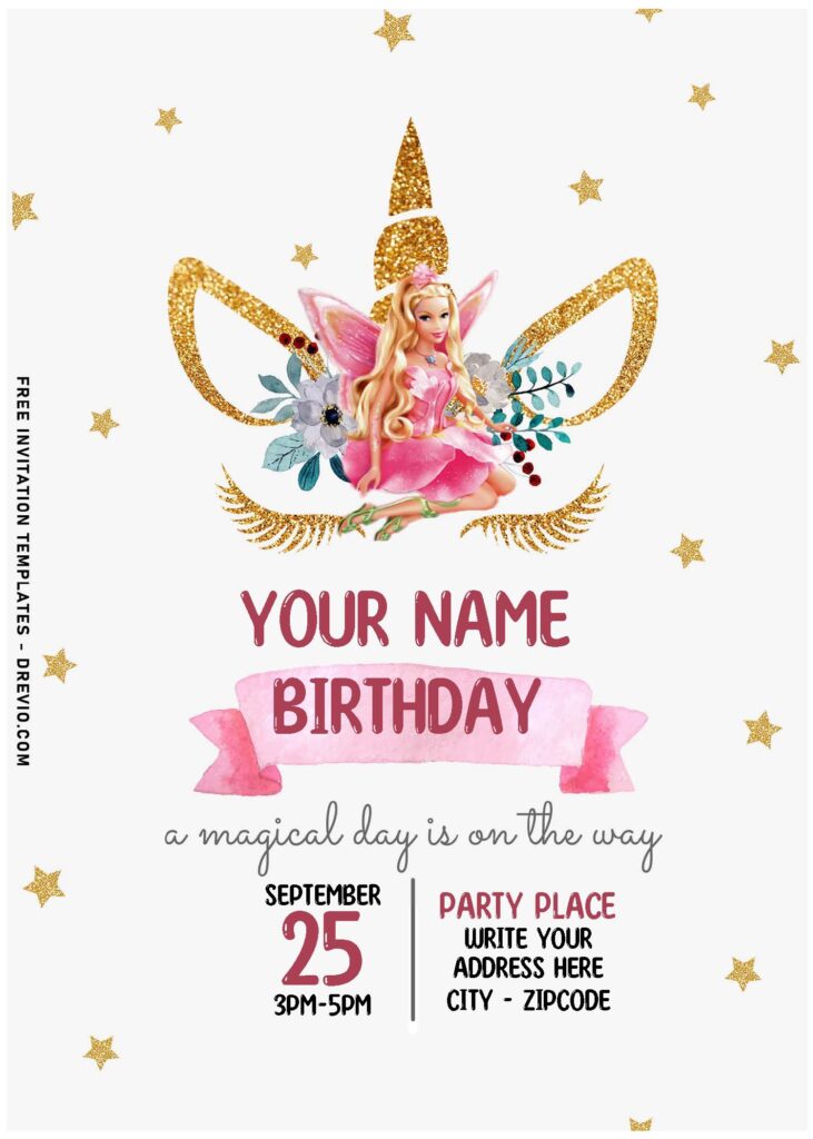 Invitation Template of (Free Editable PDF) Sparkling Gold Unicorn Barbie Girl Birthday Invitation Templates 3