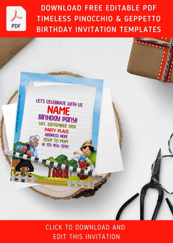 (Free Editable PDF) Barnyard Pinocchio Birthday Invitation Templates For All Ages with sky background