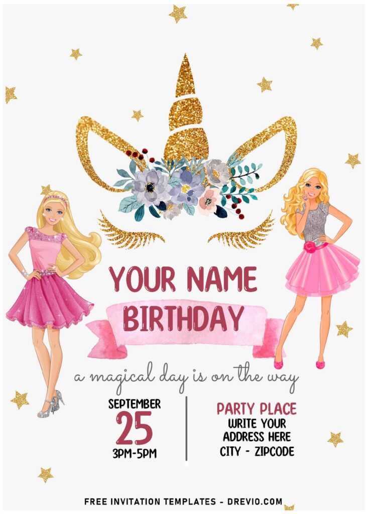 Invitation Template of (Free Editable PDF) Sparkling Gold Unicorn Barbie Girl Birthday Invitation Templates 1