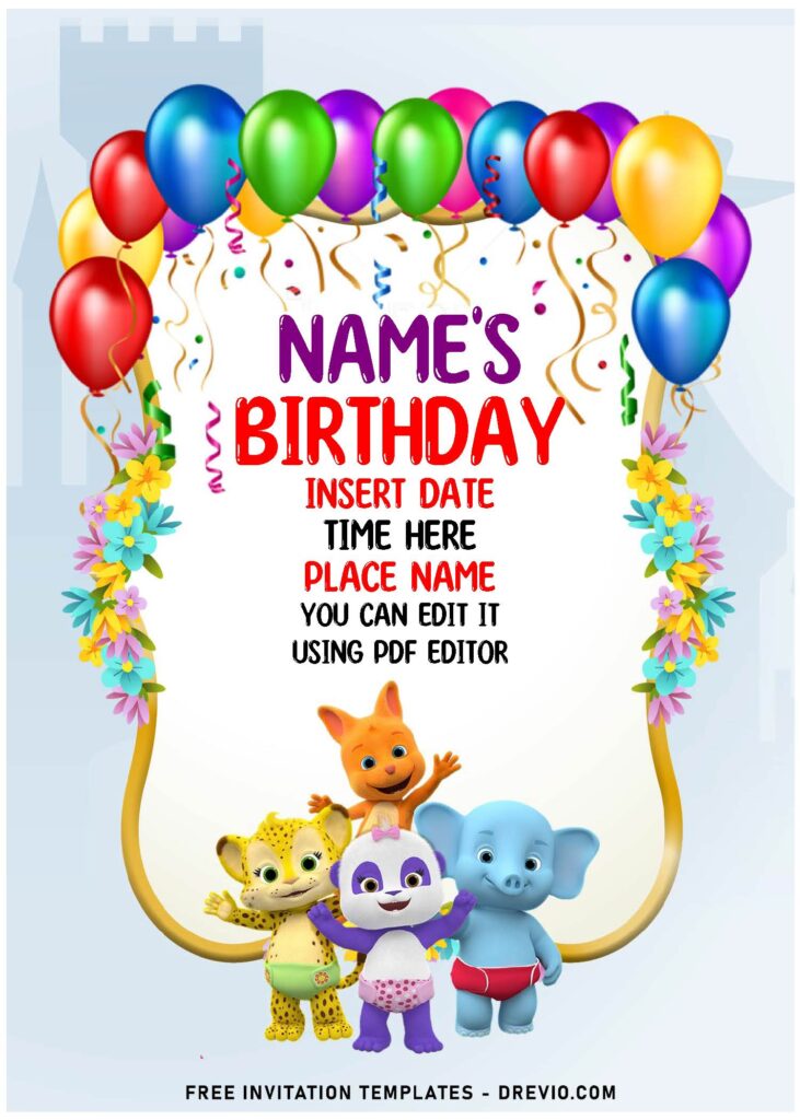 (Free Editable PDF) Cheerful Word Party First Birthday Invitation Templates with colorful balloons