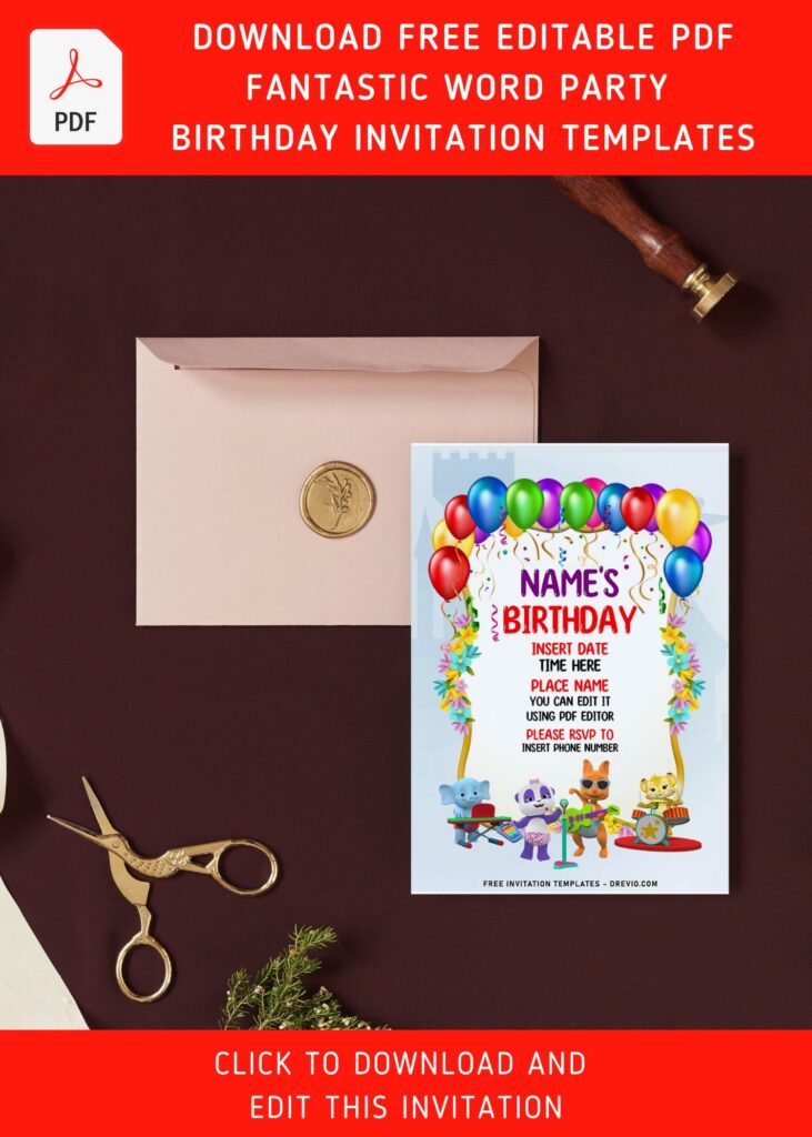 (Free Editable PDF) Cheerful Word Party First Birthday Invitation Templates with cute Kip