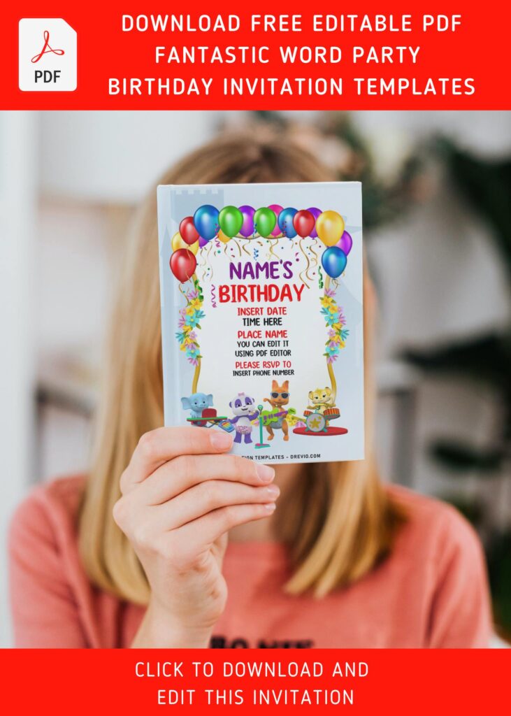 (Free Editable PDF) Cheerful Word Party First Birthday Invitation Templates with colorful text