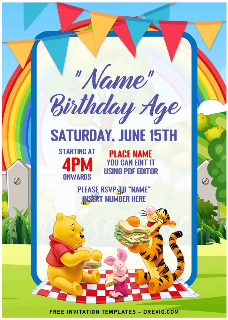 Invitation Template of (Free Editable PDF) Dreamy Rainbow Winnie The Pooh Birthday Invitation Templates 3