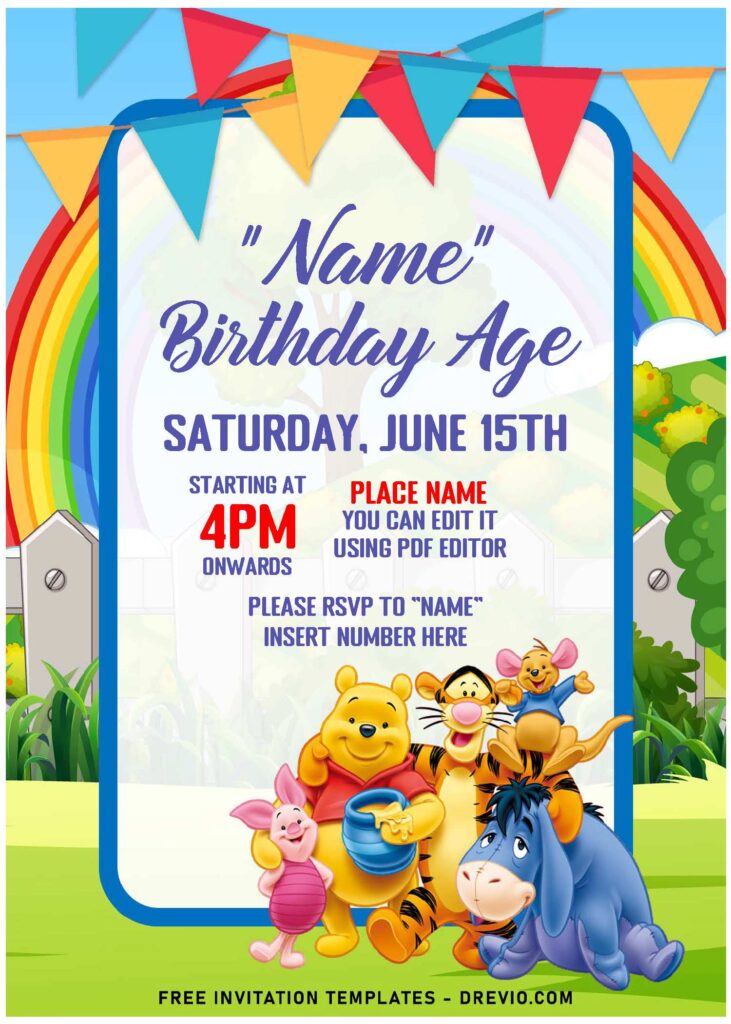 Invitation Template of (Free Editable PDF) Dreamy Rainbow Winnie The Pooh Birthday Invitation Templates 2