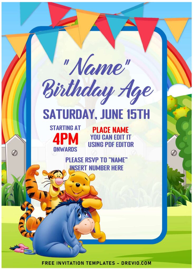 Invitation Template of (Free Editable PDF) Dreamy Rainbow Winnie The Pooh Birthday Invitation Templates 1