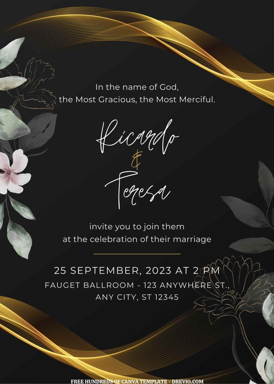 (Free) 7+ Gold Flow Black Gradient Background Canva Wedding Invitation