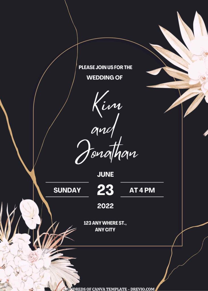 Invitation Template of (Free) 9+ Dark Blue And Gold Dried Floral Canva Wedding Invitation Templates 1