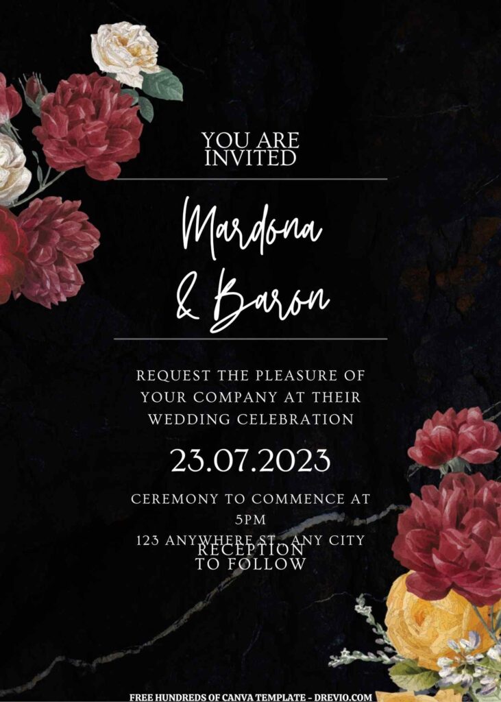 Invitation Template of (Free) 10+ Red And Yellow Roses Floral Marble Canva Wedding Invitation Templates 1