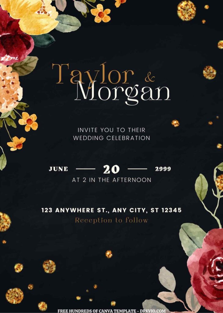 Invitation Template of (Free) 8+ Yellow Red Floral Bouquet Canva Wedding Invitation Templates 1