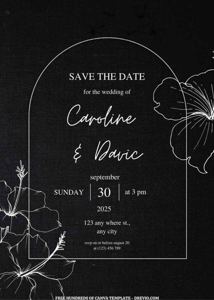 Invitation Template of (Free) 11+ Black Background White Line Hibiscus Floral Canva Wedding Invitation Templates 1