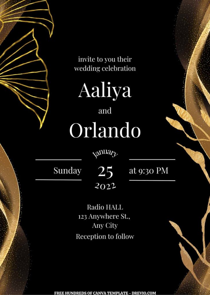 Invitation Template of (Free) 7+ Gold Floral Gold Black Background Canva Wedding Invitation Templates 1