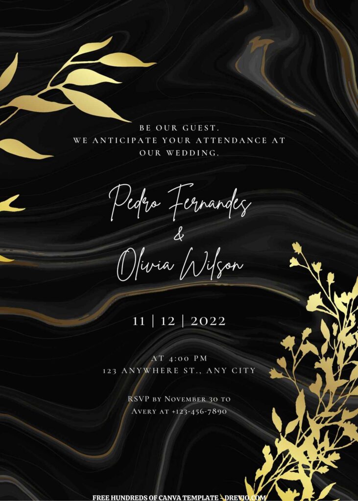 Invitation Template of (Free) 9+ Gold Floral Black Marble Background Canva Wedding Invitation Templates 1