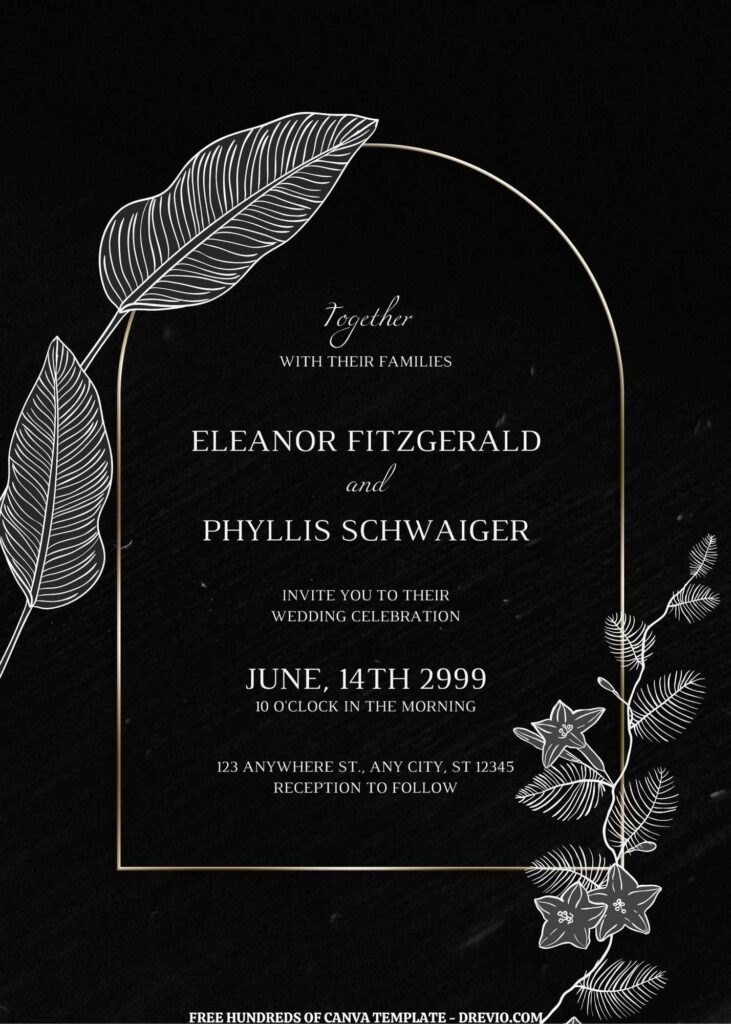 Invitation Template of (Free) 10+ Grey Leaf Black Background Canva Wedding Invitation Templates 1