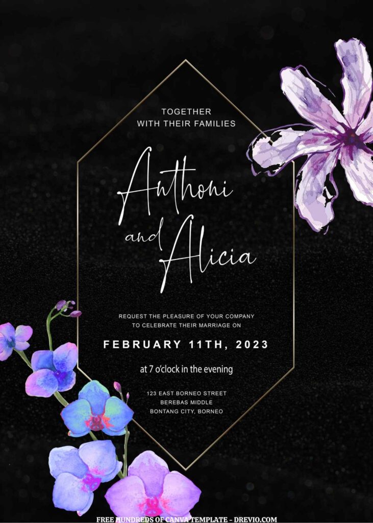 Invitation Template of (Free) 11+ Floral Orchid Black Dust Background Canva Wedding Invitation Templates 1