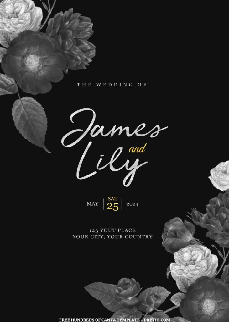 Invitation Template of (Free) 7+ Black And White Roses Simple Black Background Canva Wedding Invitation Templates 1