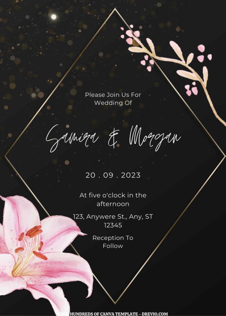 Invitation Template of (Free) 8+  Dust Gold Background Pink Lily Floral Canva Wedding Invitation Templates 1