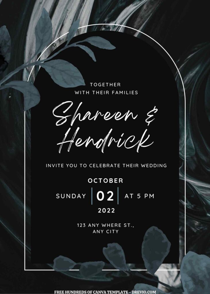 Invitation Template of (Free) 8+ Green Black Floral Marble Background Canva Wedding Invitation Templates 1