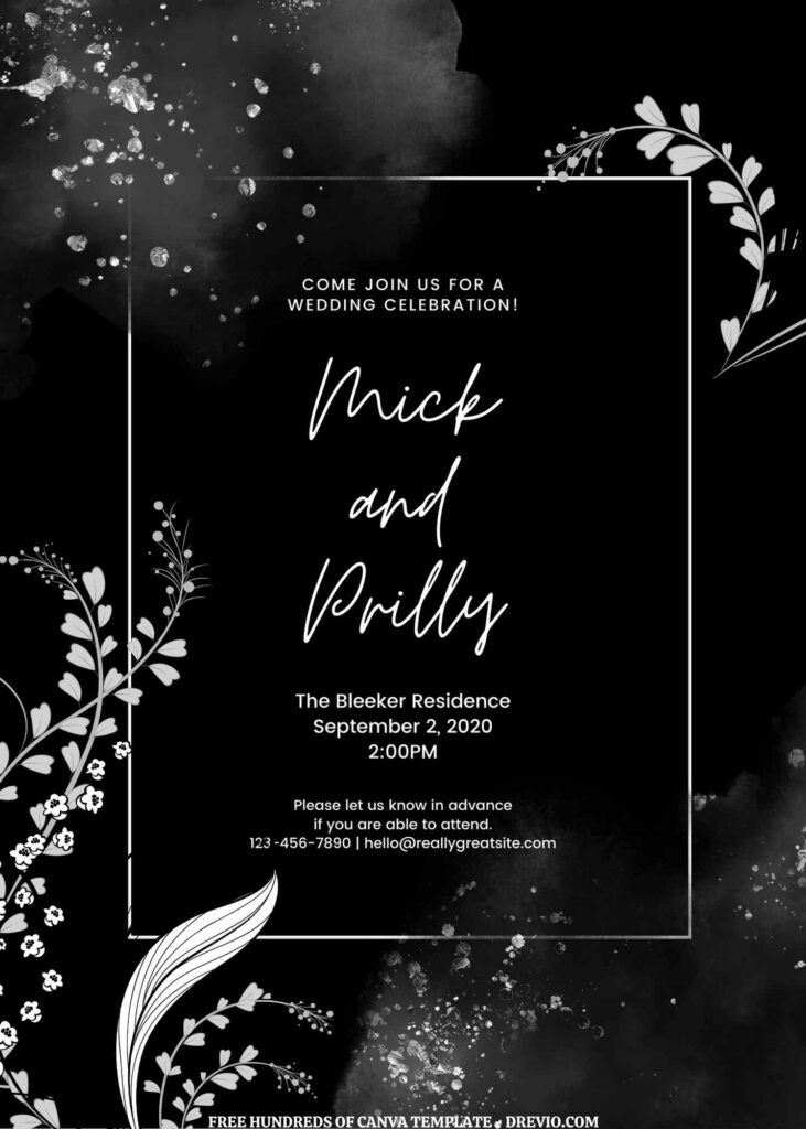 Invitation Template of (Free) 9+  Floral Line Splash Black White Canva Wedding Invitation Templates 1