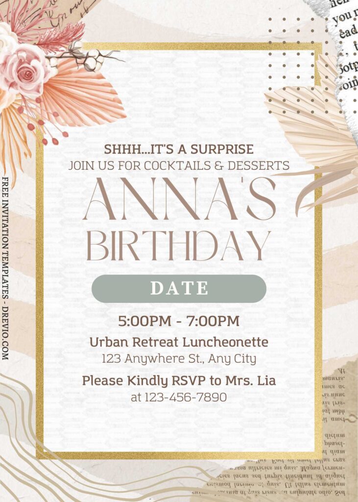 (Free) 11+ Natural Rustic Floral Canva Birthday Invitation Templates with dried pampas grasss