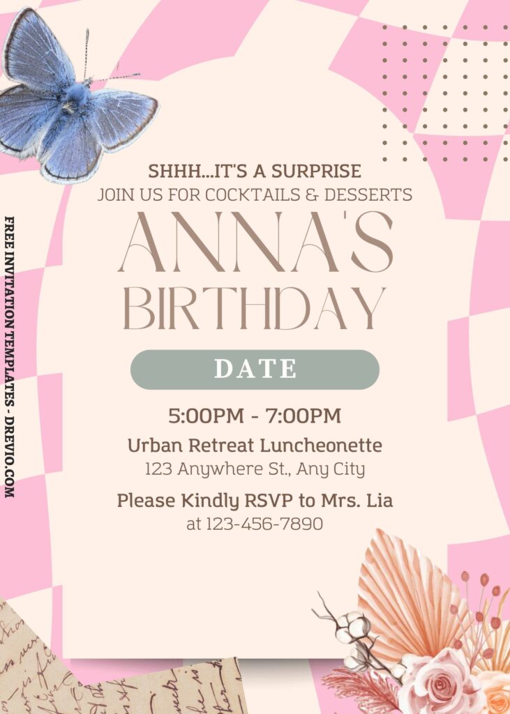 (Free) 7+ Artsy Checker Wash Floral Canva Birthday Invitation Templates with aesthetic Pampas Grass