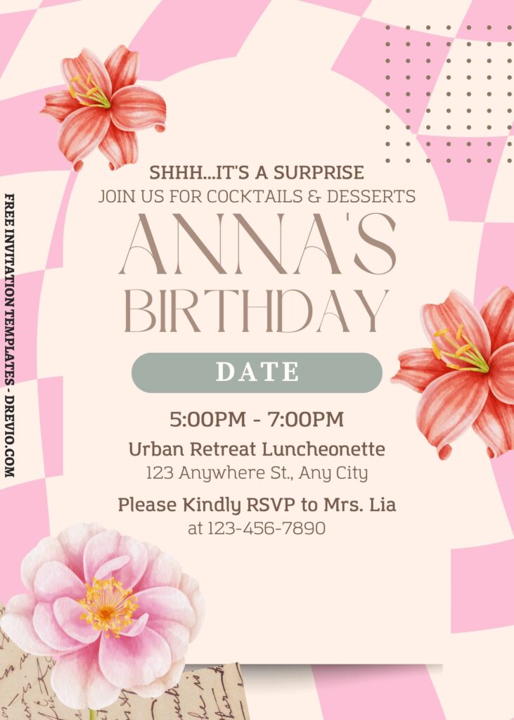 (Free) 7+ Artsy Checker Wash Floral Canva Birthday Invitation Templates with beautiful Cally Lily