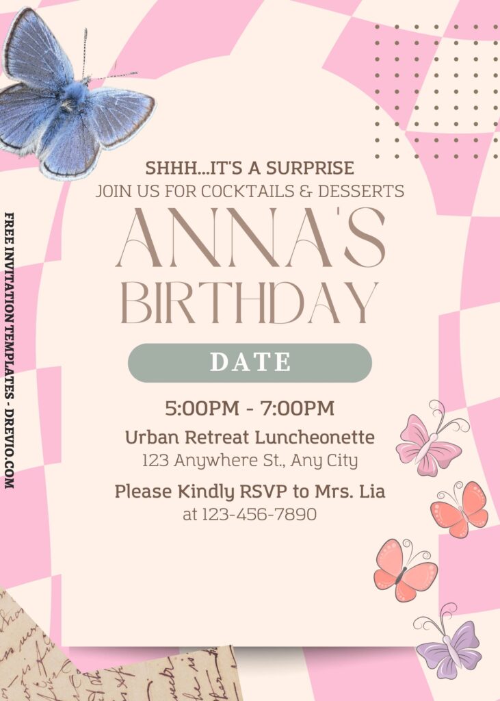 (Free) 7+ Artsy Checker Wash Floral Canva Birthday Invitation Templates with watercolor butterfly
