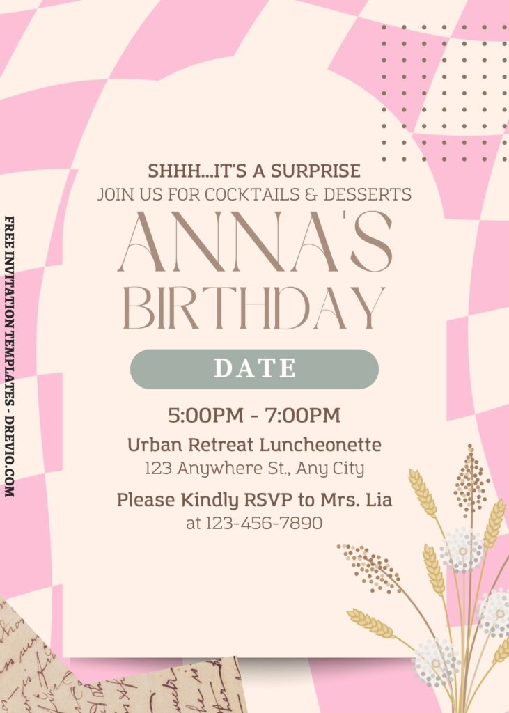 (Free) 7+ Artsy Checker Wash Floral Canva Birthday Invitation Templates with cute pink checker pattern
