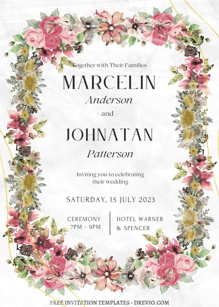 FREE PRINTABLE - 7+ Layered Floral Canva Nuptials Invitation Templates with white marble background