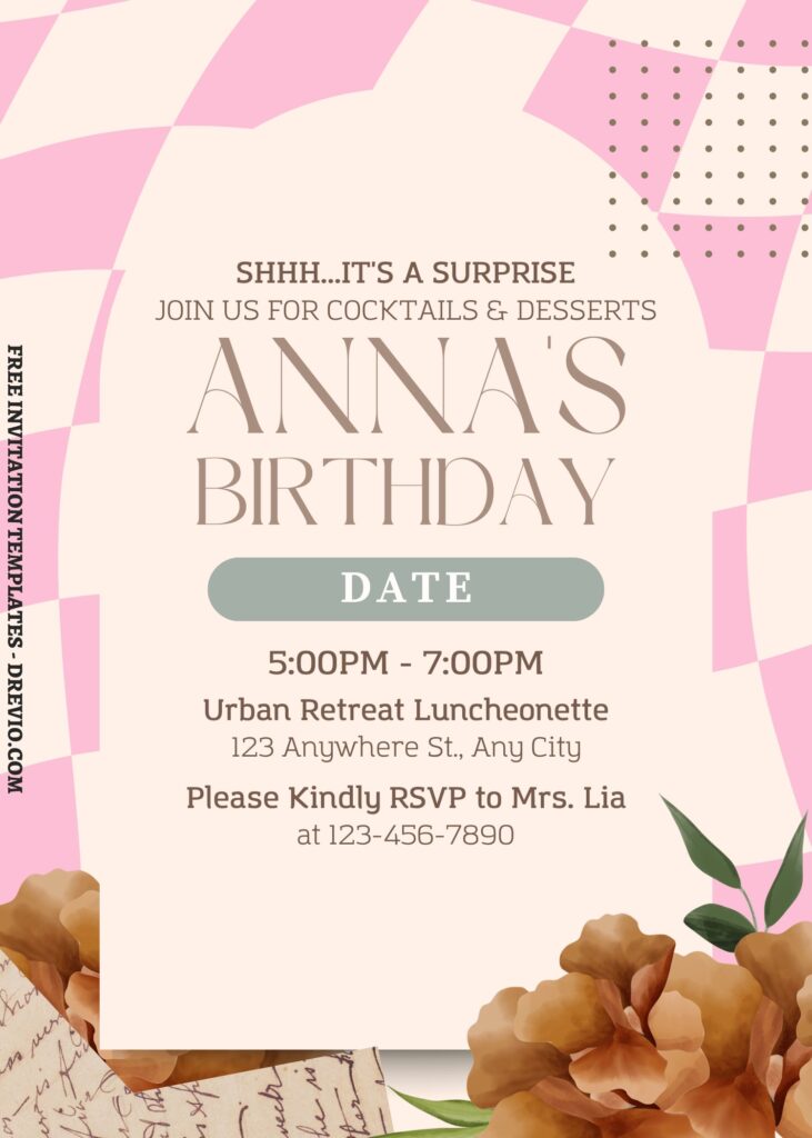 (Free) 7+ Artsy Checker Wash Floral Canva Birthday Invitation Templates with pink checkered background