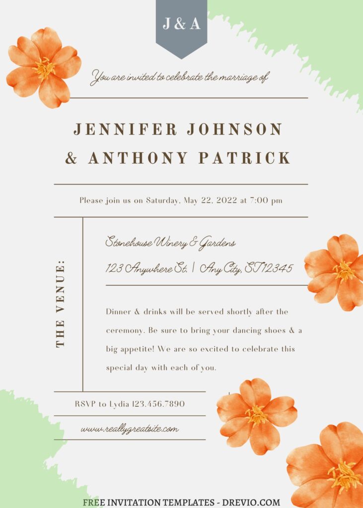 (Free) 8+ Orange Blossoms Canva Wedding Invitation Templates with lovely watercolor flowers