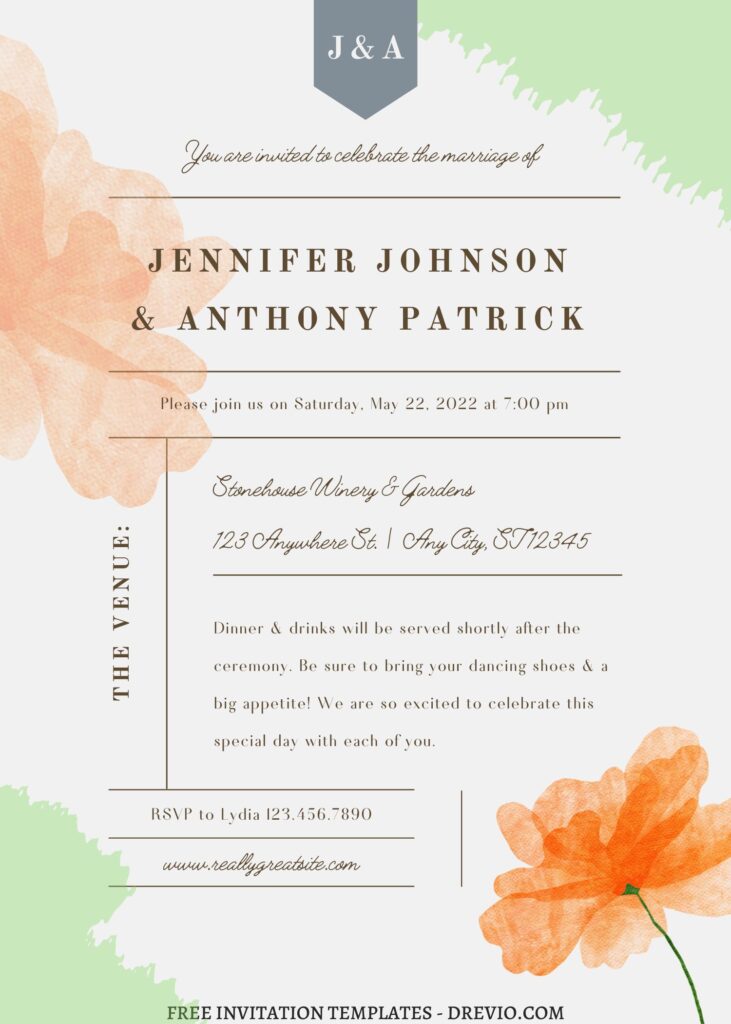 (Free) 8+ Orange Blossoms Canva Wedding Invitation Templates with gorgeous watercolor tulips